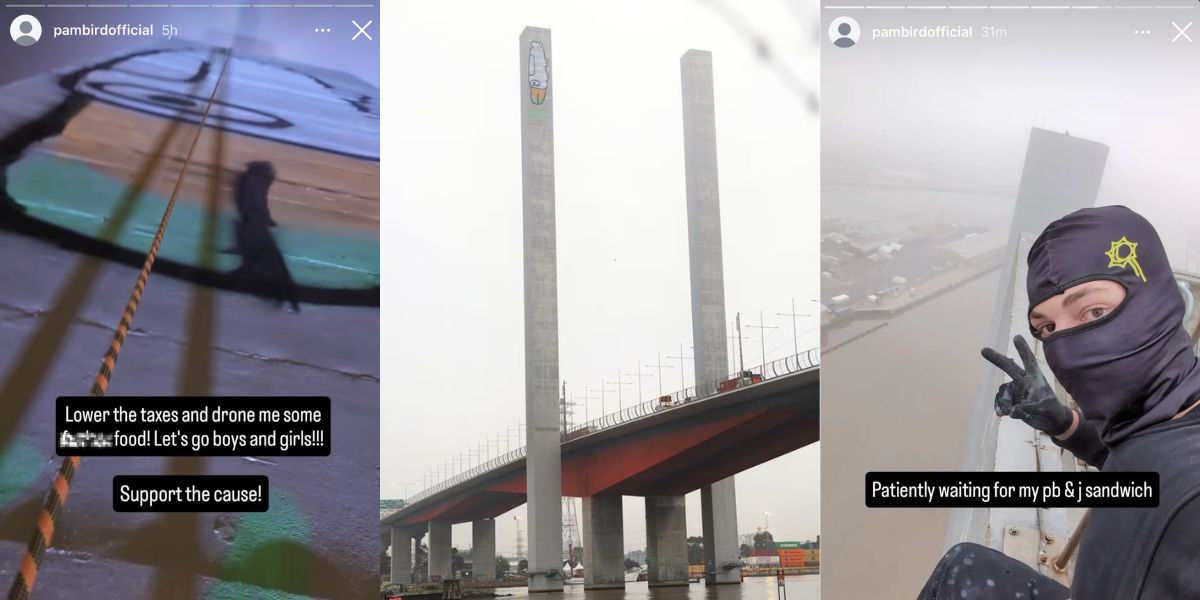 Melbourne’s morning commute got a wild surprise after Pam the Bird appeared on the Bolte Bridge. The mystery graffiti figure is refusing to come down and has some very unusual demands. 👀